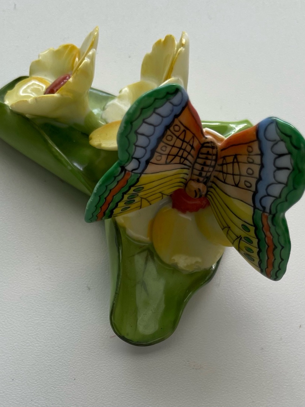 HEREND Hand-Painted Ceramic Butterfly on Green and Yellow Flower